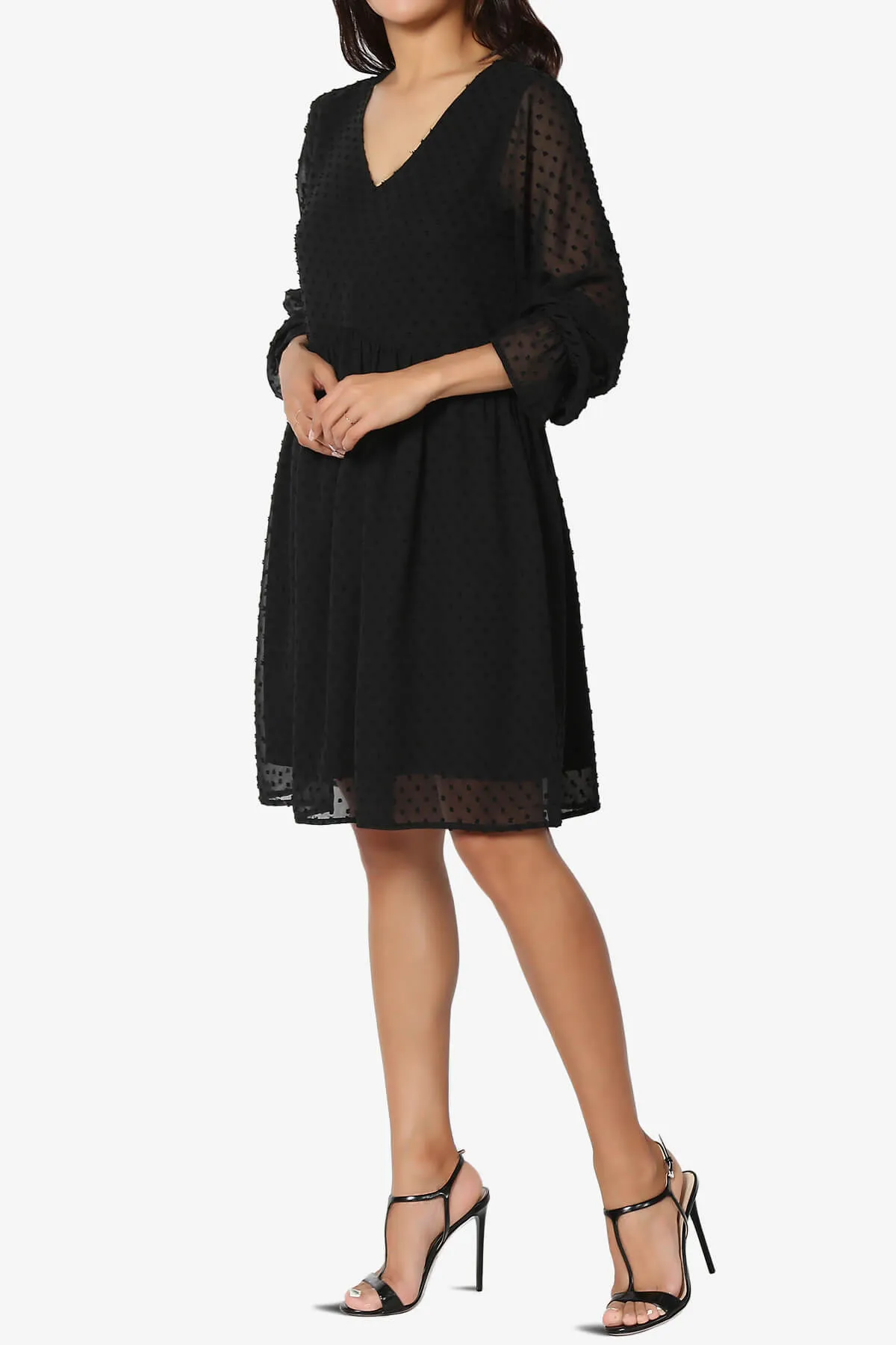 Sandra Swiss Dot Long Sleeve V-Neck Dress
