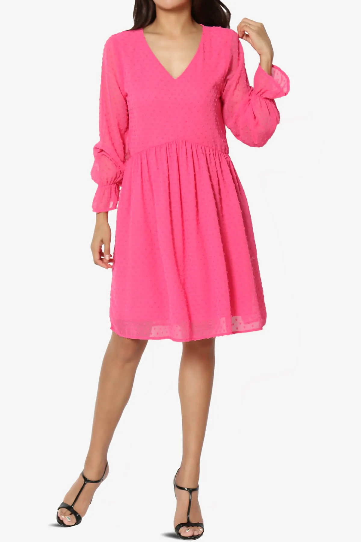 Sandra Swiss Dot Long Sleeve V-Neck Dress