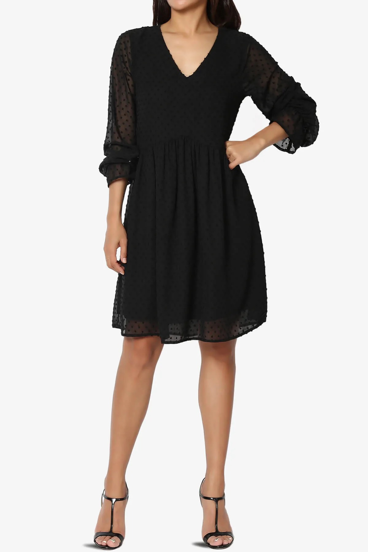 Sandra Swiss Dot Long Sleeve V-Neck Dress