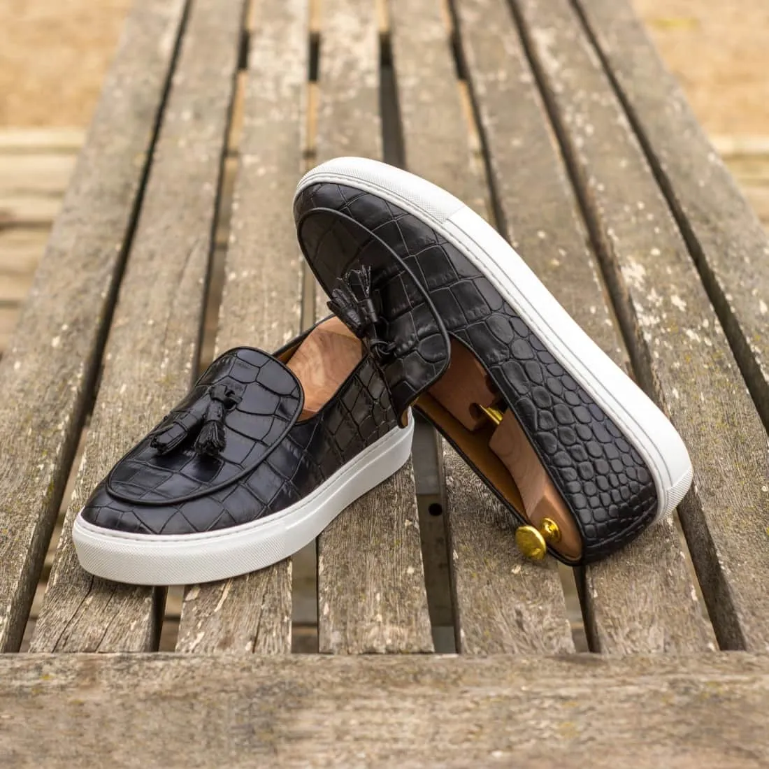 Sneaker Mocassin à Glands en cuir croco noir