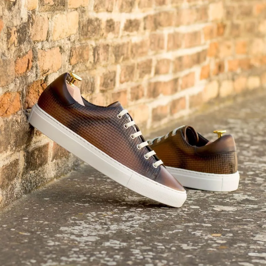 Sneakers Jersey en cuir tressé marron - Semelles Blanches