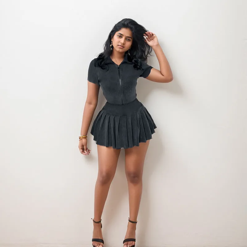 Sporty Chic Two-Piece Set with Zippered Top and Pleated Skirt