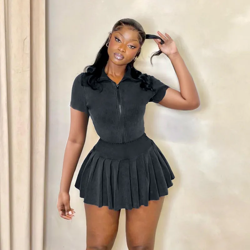 Sporty Chic Two-Piece Set with Zippered Top and Pleated Skirt