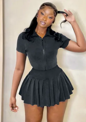 Sporty Chic Two-Piece Set with Zippered Top and Pleated Skirt