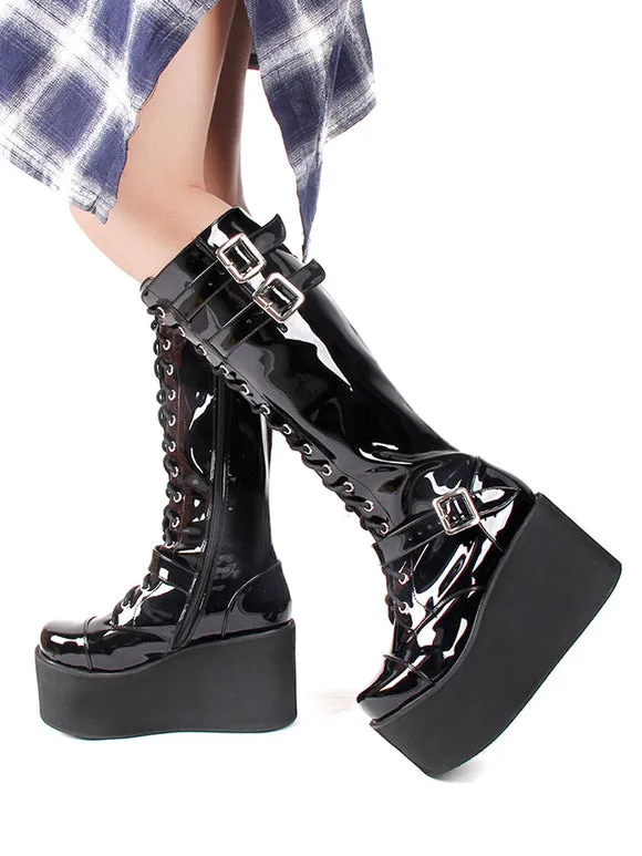 Steampunk Lolita Boots PU Leather Round Toe Wedge Heel Black Lolita Footwear