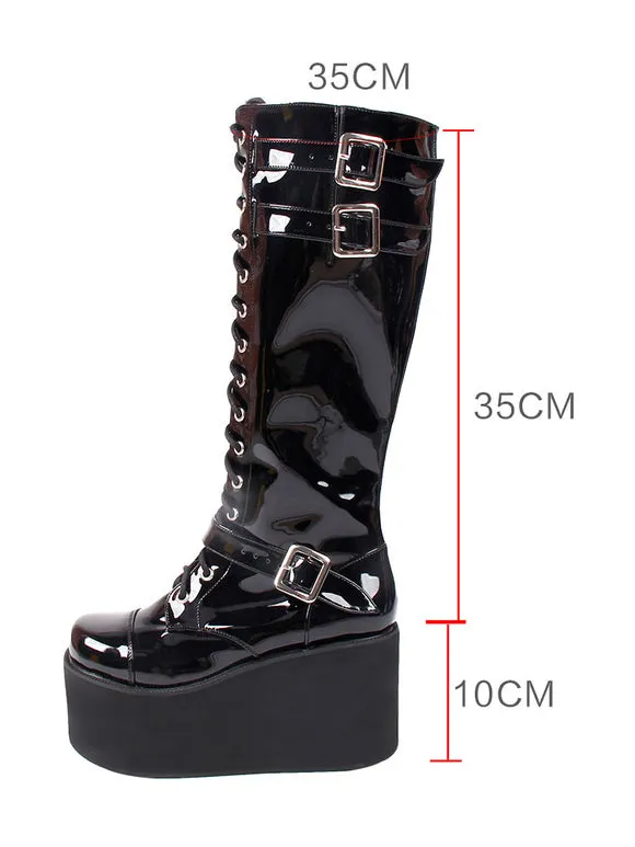 Steampunk Lolita Boots PU Leather Round Toe Wedge Heel Black Lolita Footwear