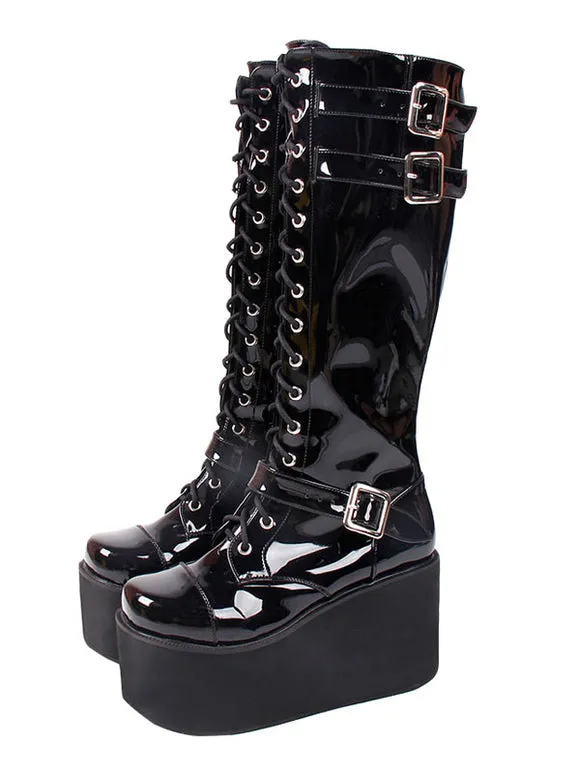 Steampunk Lolita Boots PU Leather Round Toe Wedge Heel Black Lolita Footwear
