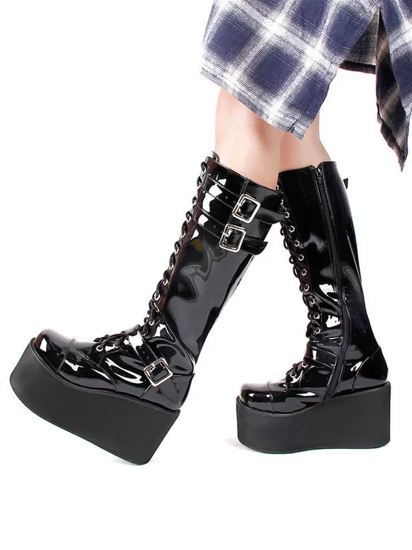 Steampunk Lolita Boots PU Leather Round Toe Wedge Heel Black Lolita Footwear