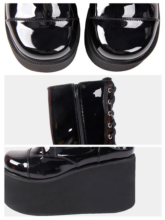 Steampunk Lolita Boots PU Leather Round Toe Wedge Heel Black Lolita Footwear