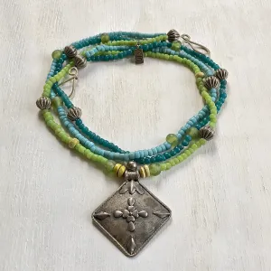 Trade blue green teal beads necklace