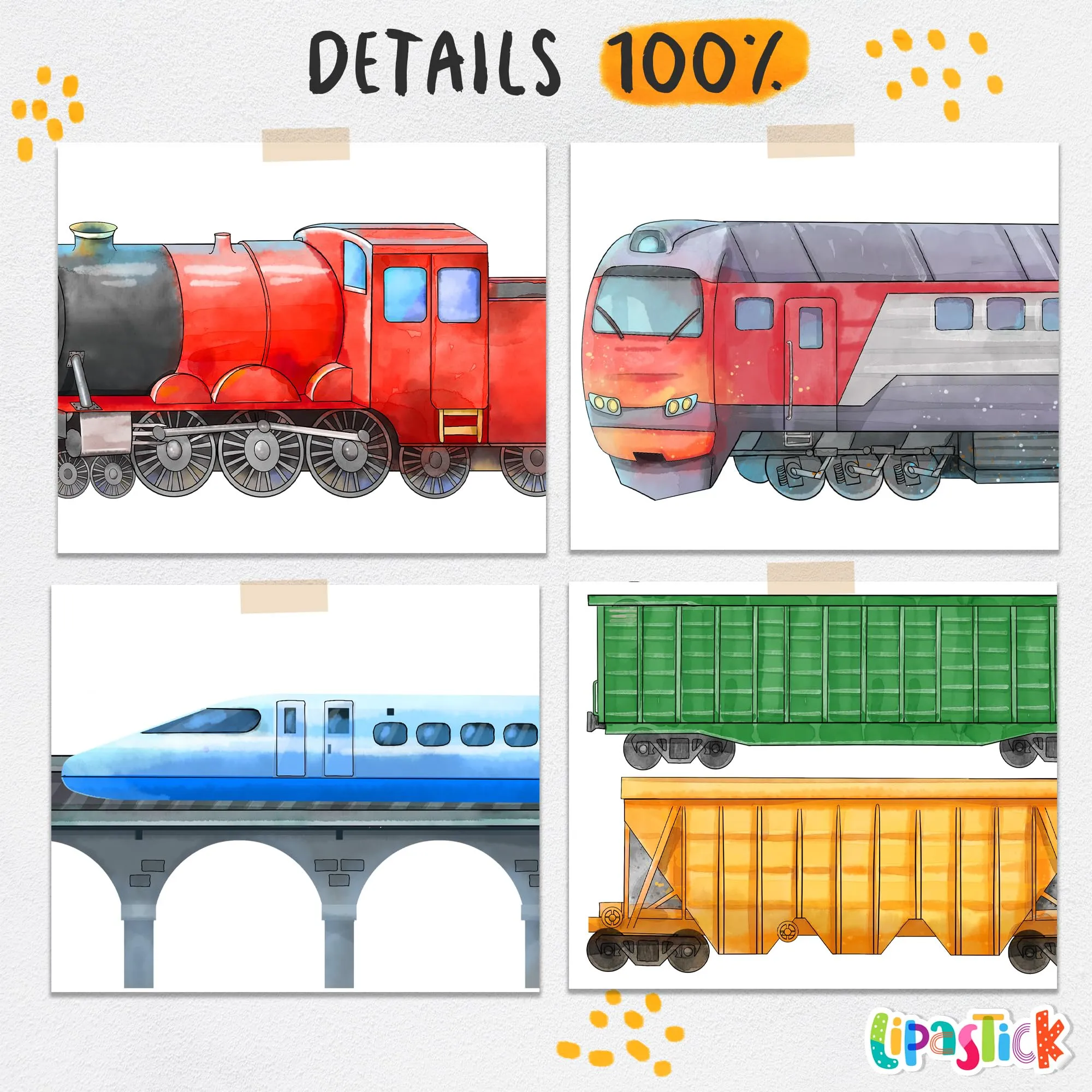 Train Wall Decals for Kids by Lipastick - Educational Railroad Wall Stickers for Boys and Girls - Peel and Stick Locomotive, Carriage, Wagon Wall Decals for Nursery, Playroom, Bedroom Decor - S Size