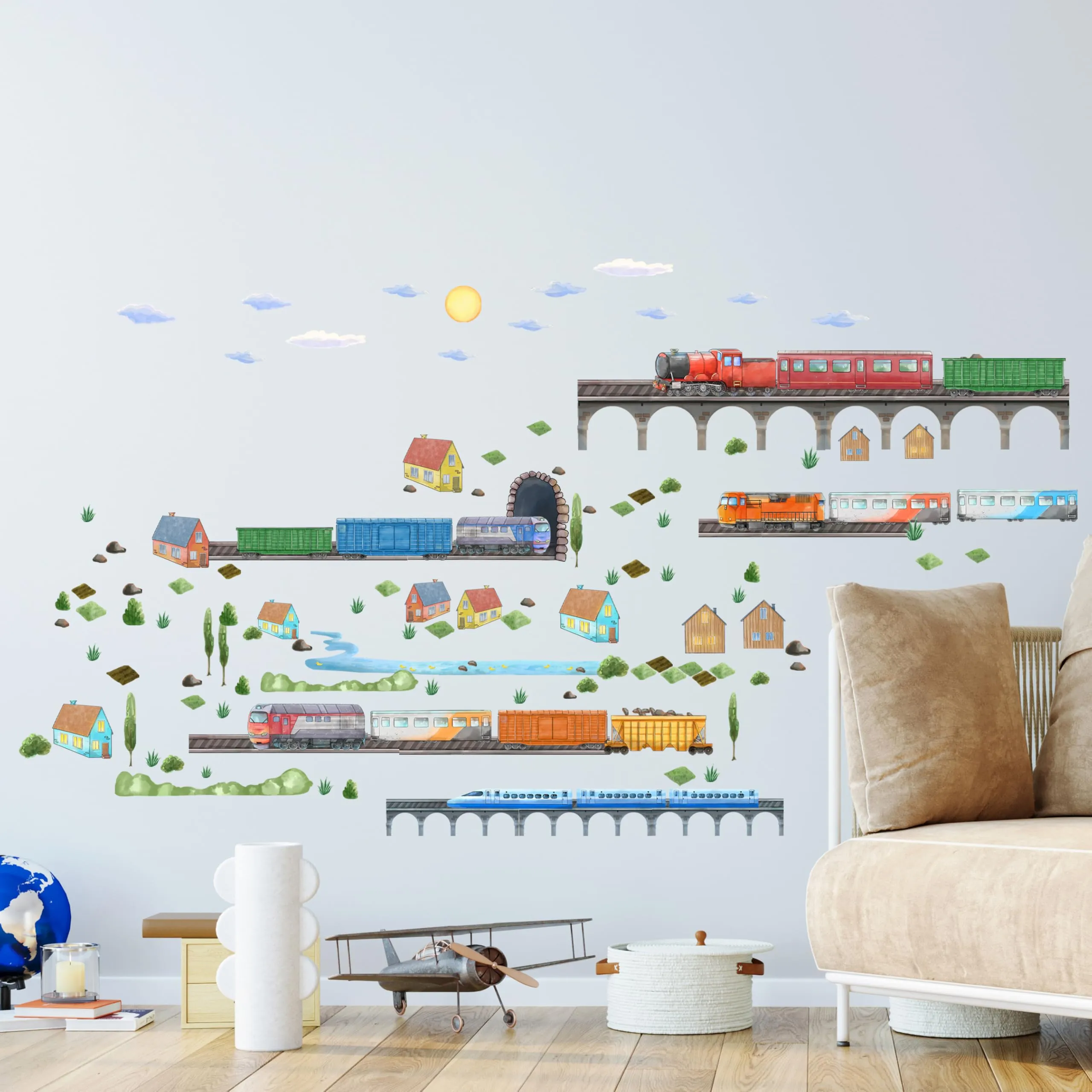 Train Wall Decals for Kids by Lipastick - Educational Railroad Wall Stickers for Boys and Girls - Peel and Stick Locomotive, Carriage, Wagon Wall Decals for Nursery, Playroom, Bedroom Decor - S Size
