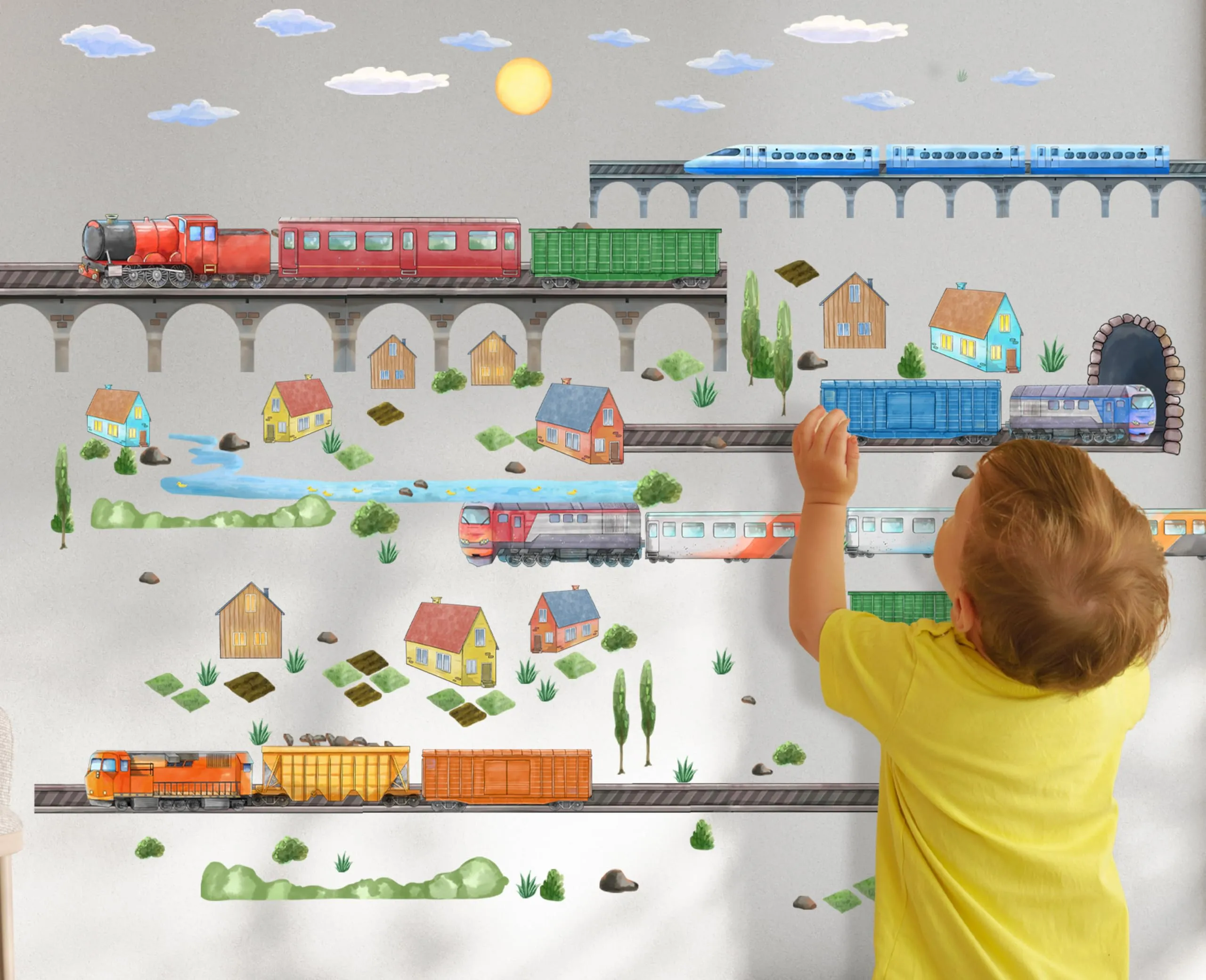 Train Wall Decals for Kids by Lipastick - Educational Railroad Wall Stickers for Boys and Girls - Peel and Stick Locomotive, Carriage, Wagon Wall Decals for Nursery, Playroom, Bedroom Decor - S Size