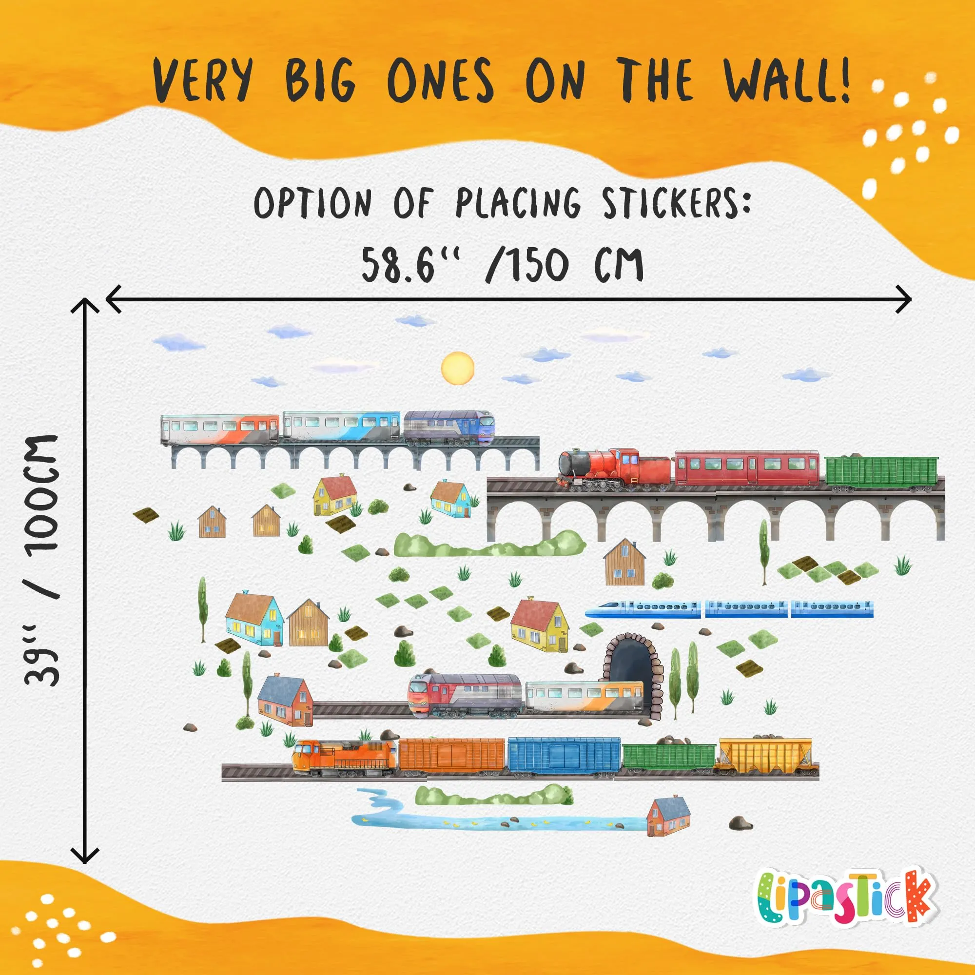 Train Wall Decals for Kids by Lipastick - Educational Railroad Wall Stickers for Boys and Girls - Peel and Stick Locomotive, Carriage, Wagon Wall Decals for Nursery, Playroom, Bedroom Decor - S Size