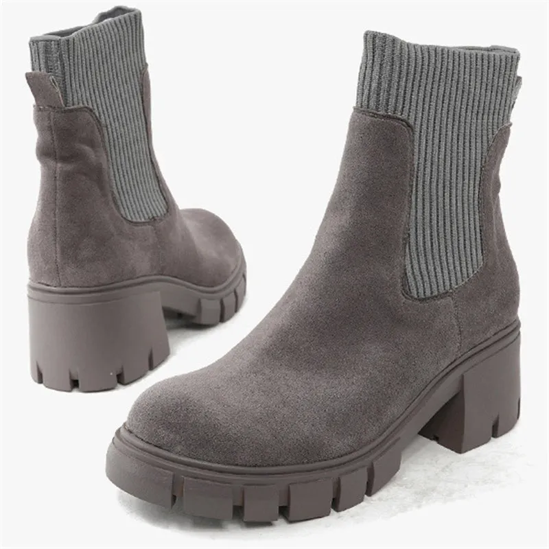 Winter Daily Women Chunky Heels Suede Chelsea Martin Boots