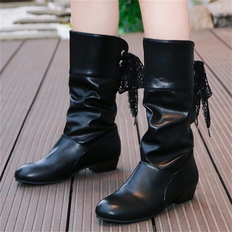 Women's Campus Round Toe Low Heels Ribbon Mid-Calf Knight Boots