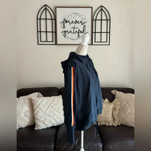 ZYIA ACTIVE Rainbow Stripe Athletic Windbreaker Jacket Size XL Navy Blue Outdoor