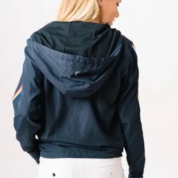 ZYIA ACTIVE Rainbow Stripe Athletic Windbreaker Jacket Size XL Navy Blue Outdoor