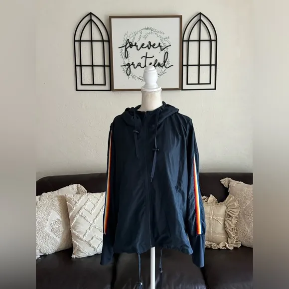 ZYIA ACTIVE Rainbow Stripe Athletic Windbreaker Jacket Size XL Navy Blue Outdoor